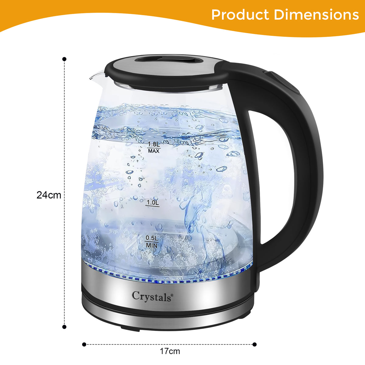 1.8L Electric Kettle Glass 360 Blue LED Illuminated Portable Jug 1500W