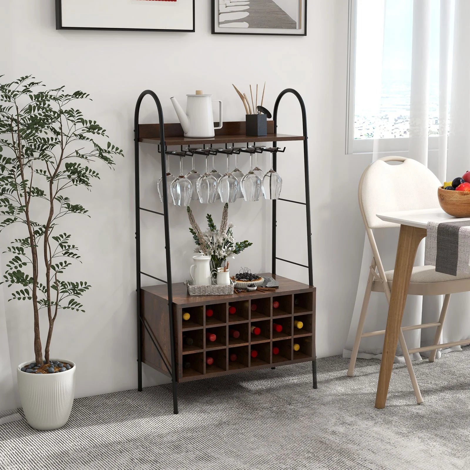 Baker’S Rack with Detachable Wine Rack and 5 Rows of Stemware Holder