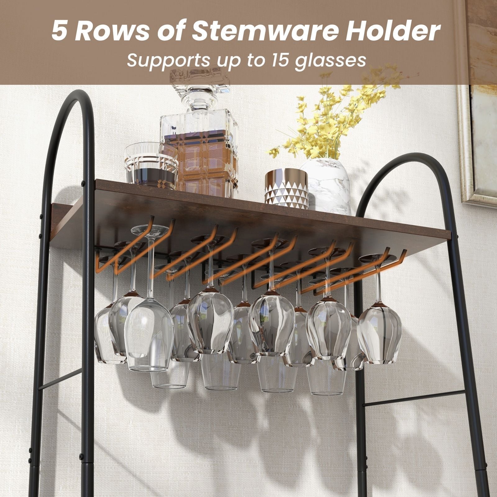 Baker’S Rack with Detachable Wine Rack and 5 Rows of Stemware Holder