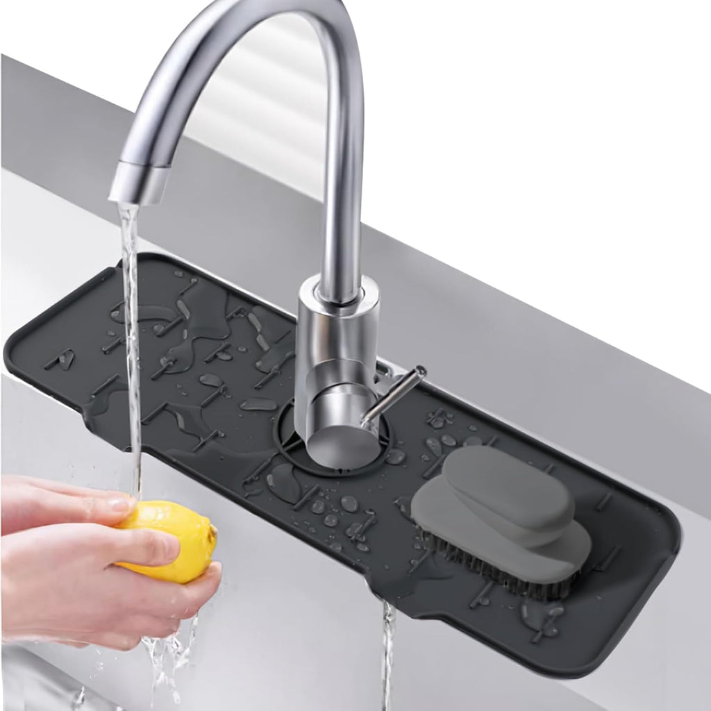 Silicone Sink Faucet Mat, 37×13.5Cm Draining Tap Mat Kitchen Splash Guard | Sink Protector Faucet Absorbent Soap Holder for Water Catching Countertop Protection (Black)