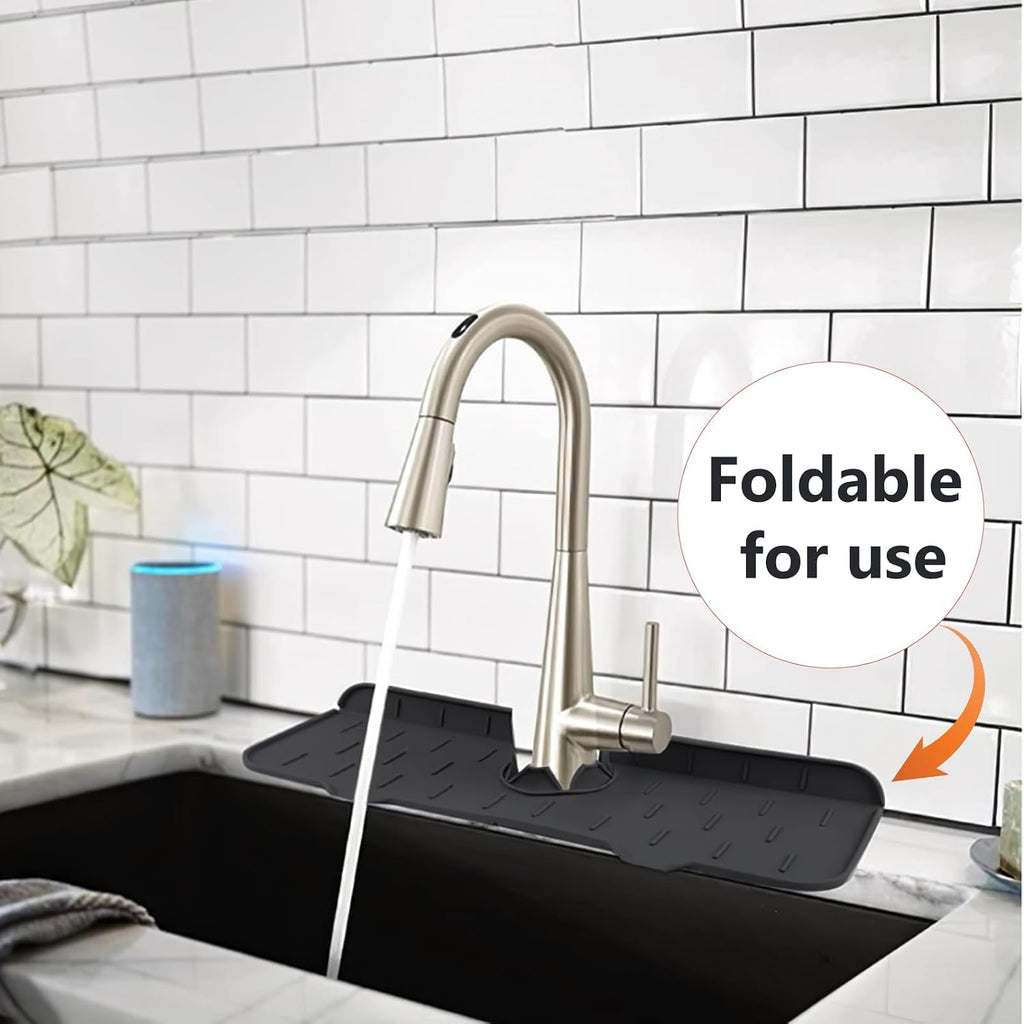 Silicone Sink Faucet Mat, 37×13.5Cm Draining Tap Mat Kitchen Splash Guard | Sink Protector Faucet Absorbent Soap Holder for Water Catching Countertop Protection (Black)