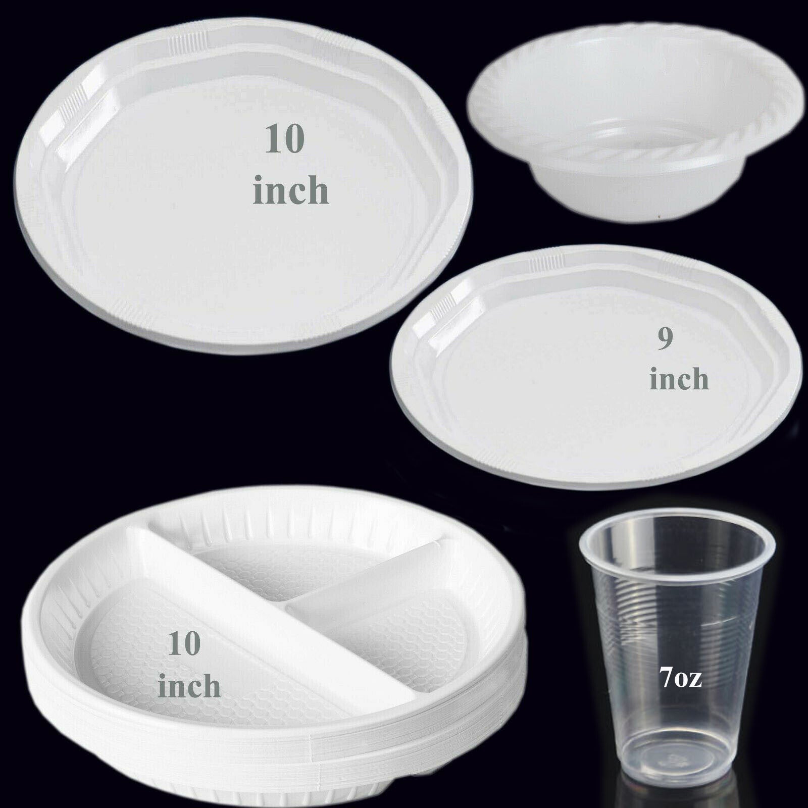 Strong White Plastic Dinner Plates Party round Disposable Plates Bowls Water Cup