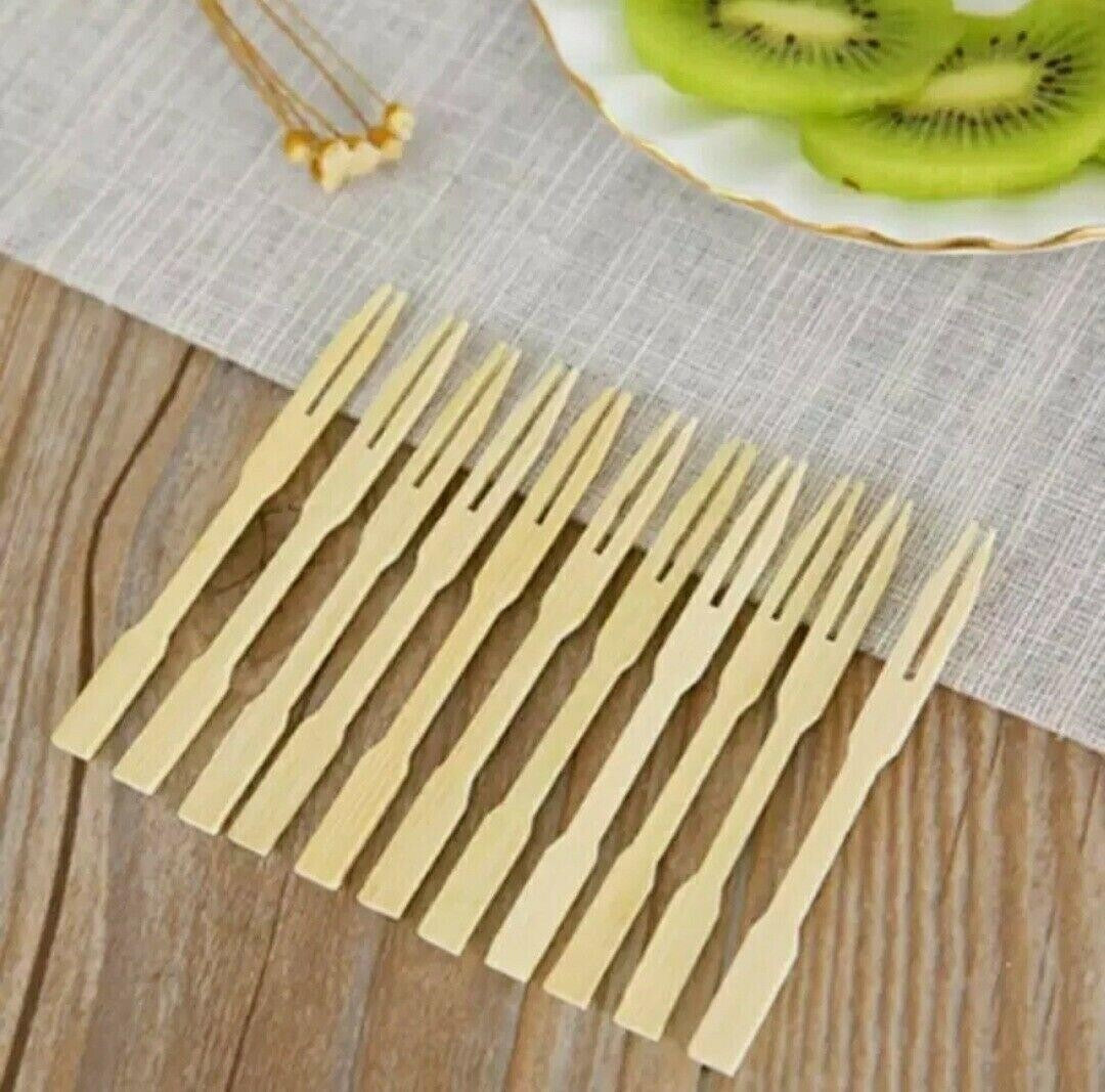 Wood Party Forks X 50 Bamboo Food Picks Two Prong Fruit Cocktail Forks Blunt End