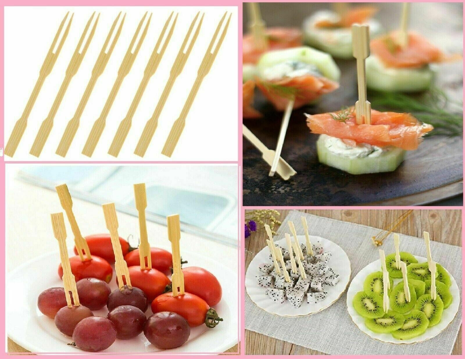 Wood Party Forks X 50 Bamboo Food Picks Two Prong Fruit Cocktail Forks Blunt End