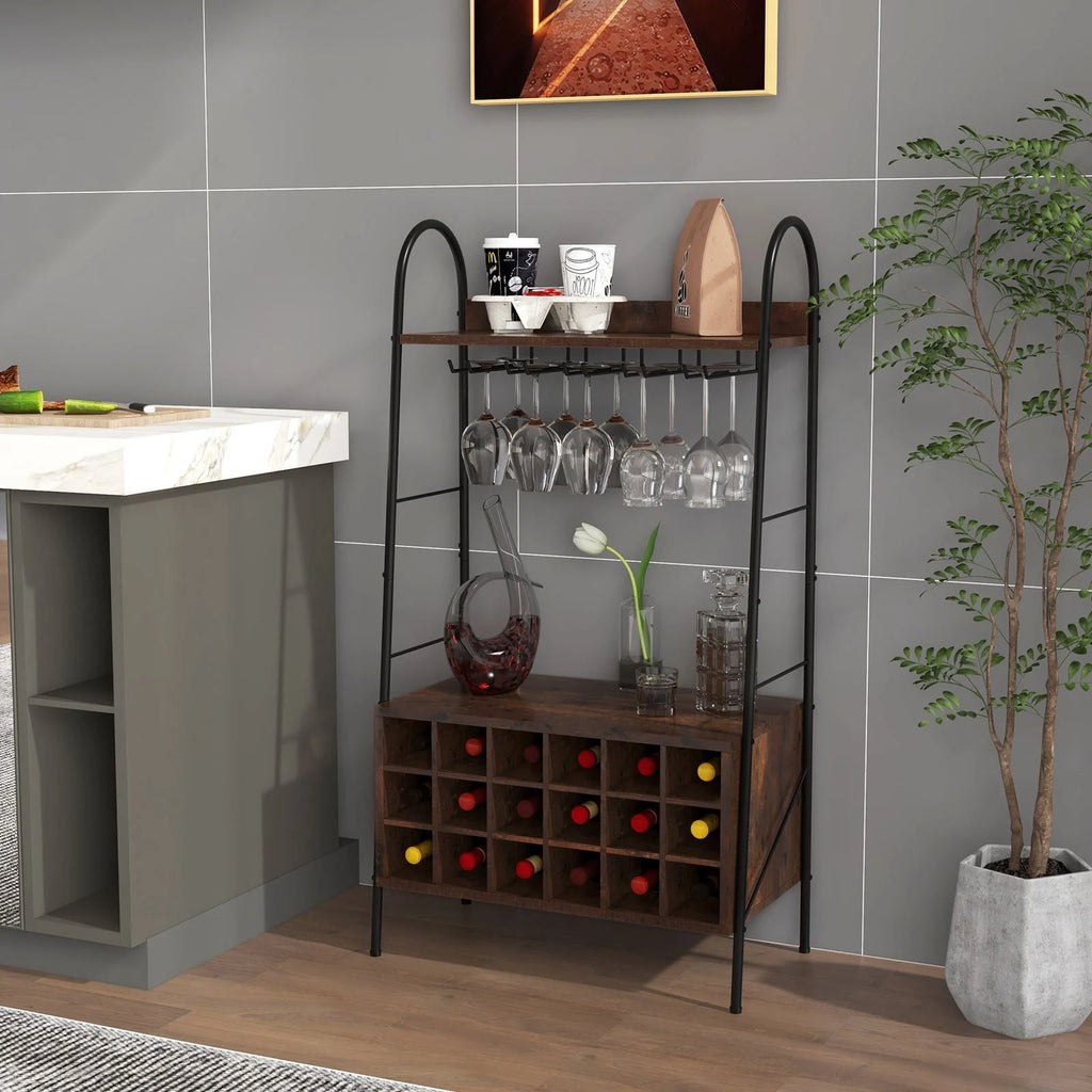 Baker’S Rack with Detachable Wine Rack and 5 Rows of Stemware Holder