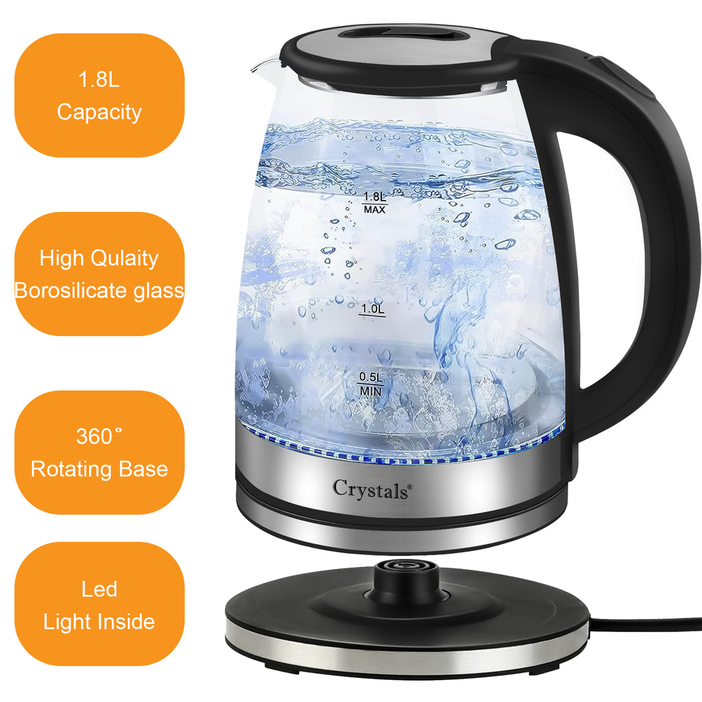 1.8L Electric Kettle Glass 360 Blue LED Illuminated Portable Jug 1500W