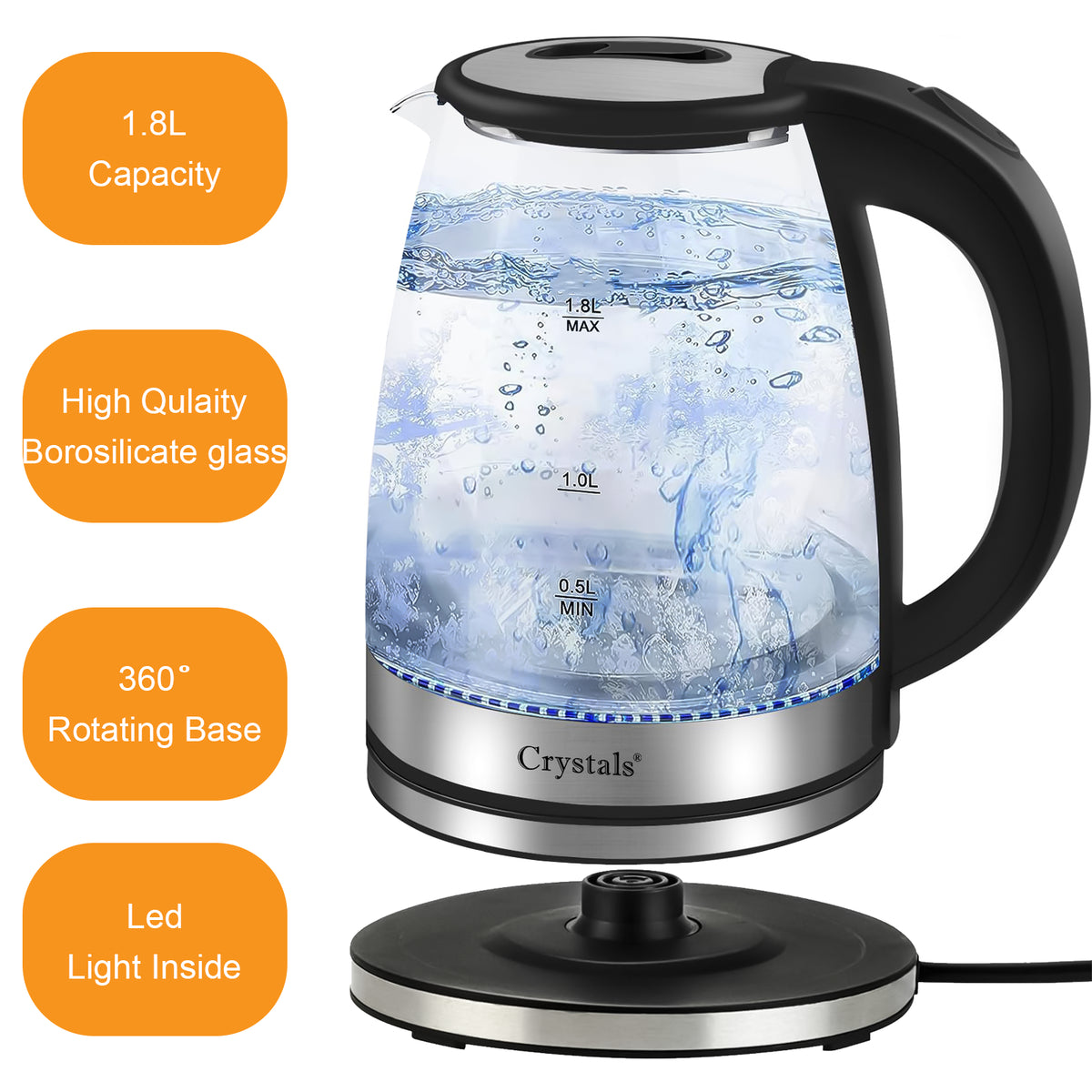 1.8L Electric Kettle Glass 360 Blue LED Illuminated Portable Jug 1500W