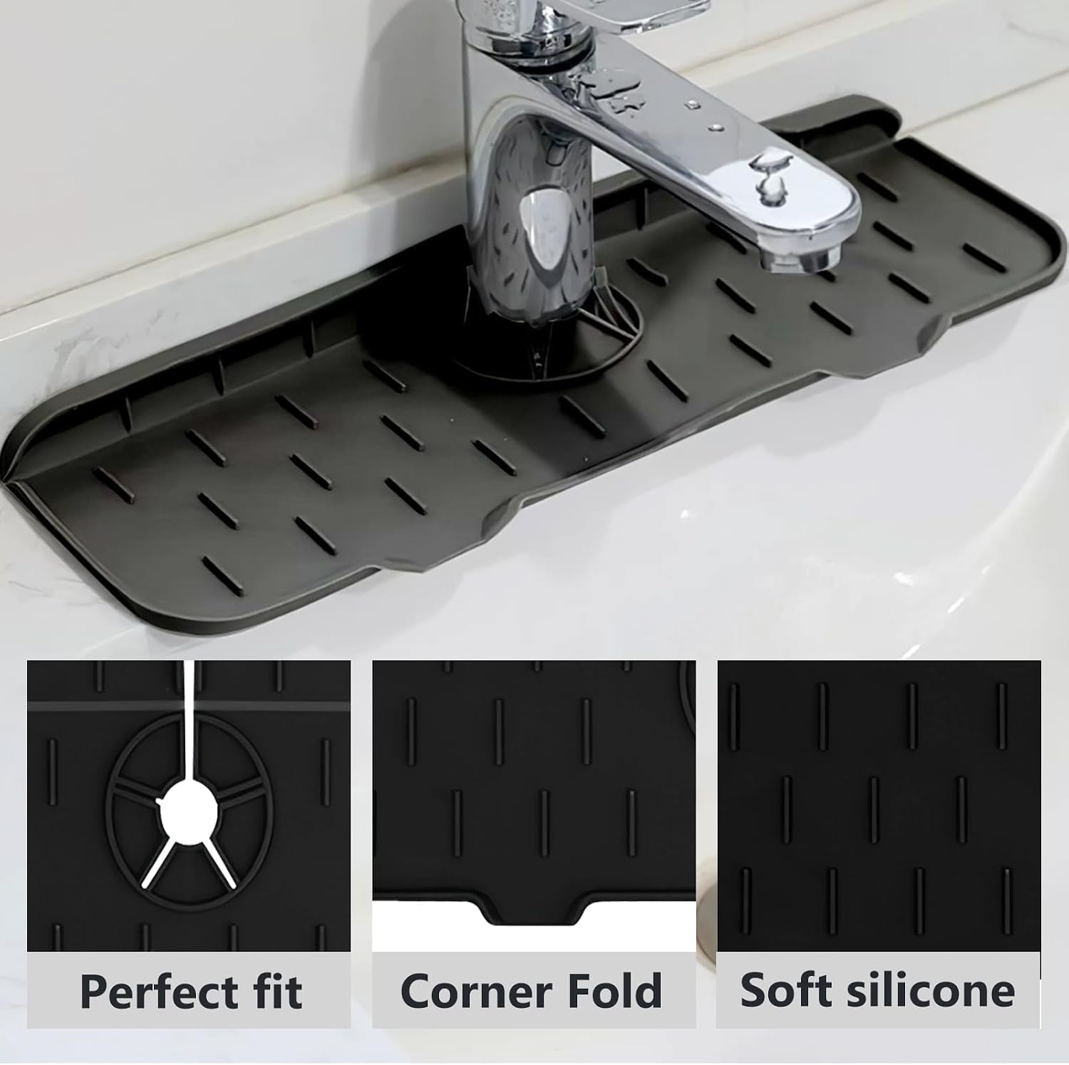 Silicone Sink Faucet Mat, 37×13.5Cm Draining Tap Mat Kitchen Splash Guard | Sink Protector Faucet Absorbent Soap Holder for Water Catching Countertop Protection (Black)