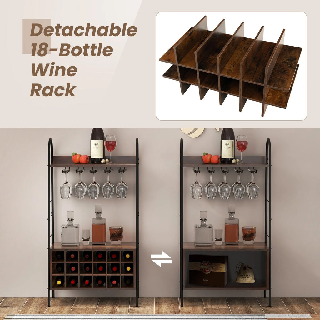 Baker’S Rack with Detachable Wine Rack and 5 Rows of Stemware Holder