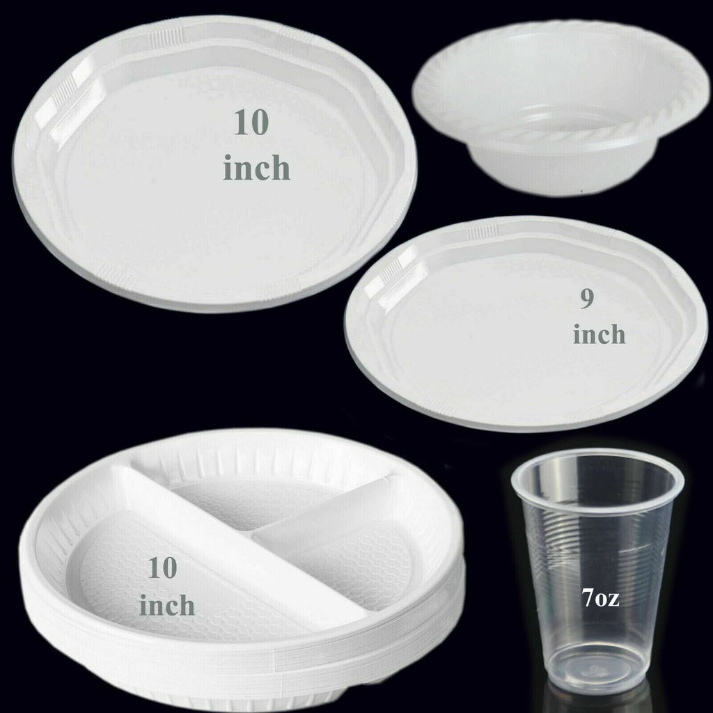Strong White Plastic Dinner Plates Party round Disposable Plates Bowls Water Cup