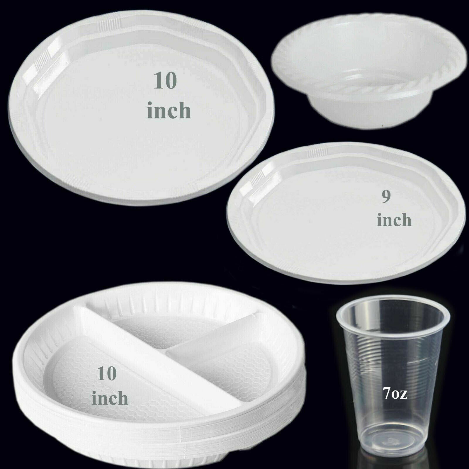 Strong White Plastic Dinner Plates Party round Disposable Plates Bowls Water Cup