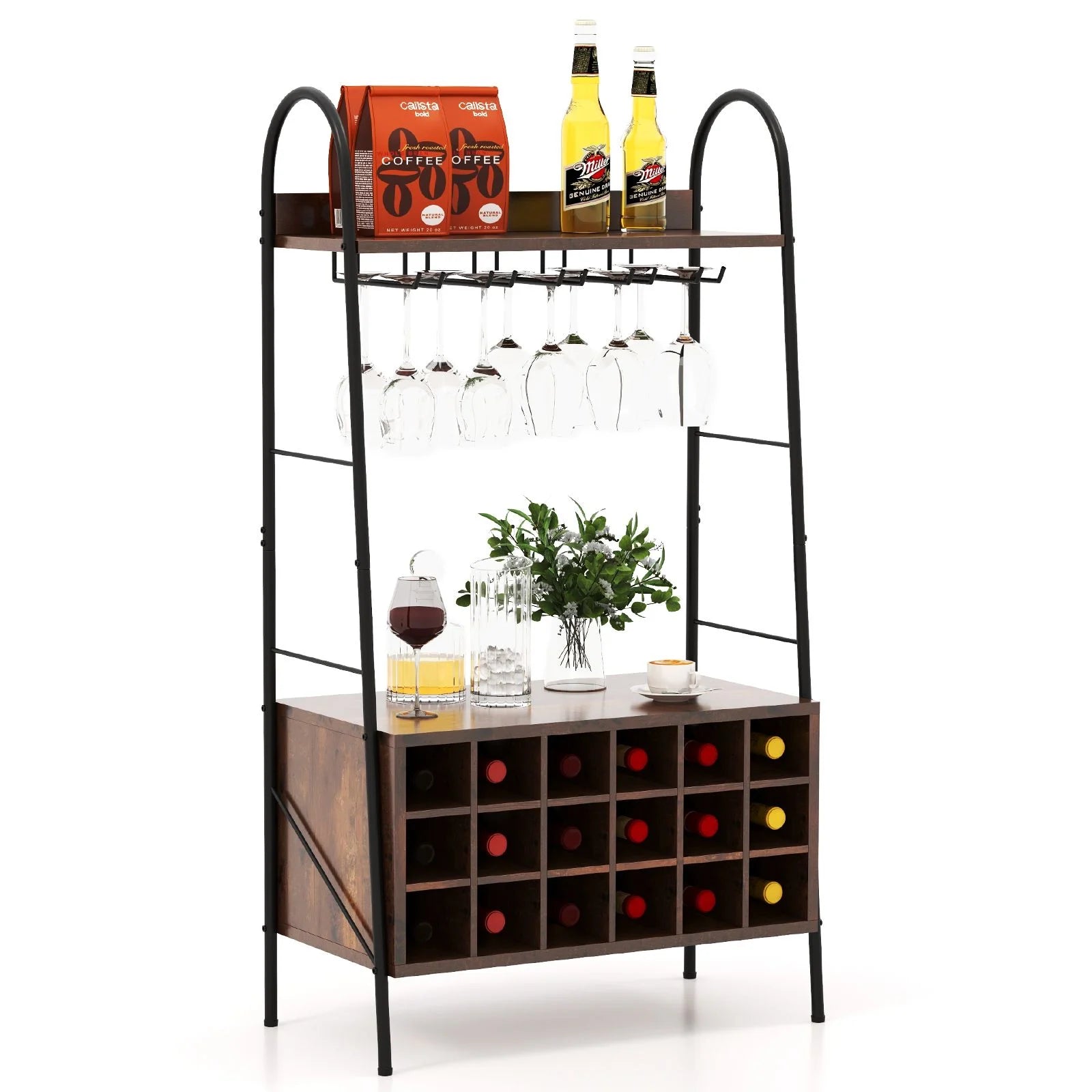 Baker’S Rack with Detachable Wine Rack and 5 Rows of Stemware Holder