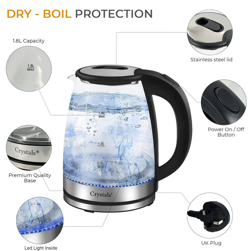 1.8L Electric Kettle Glass 360 Blue LED Illuminated Portable Jug 1500W