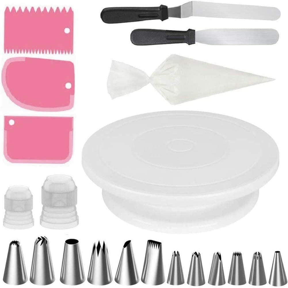 Cake Decorating Set – Rotating Turntable, Piping Nozzles, Bags, Icing Smoothers